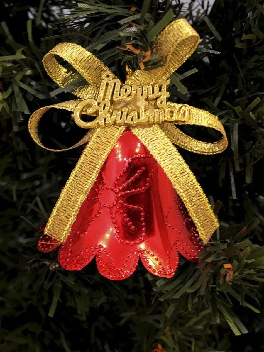 Золотые колокольчики с красным бантиком Merry Christmas, 6 шт