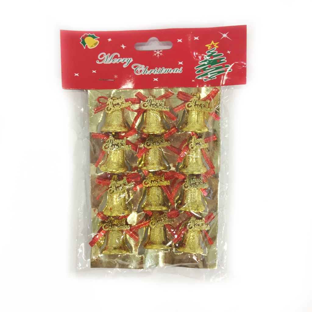 Золотые колокольчики с красным бантиком Merry Christmas, 12 шт