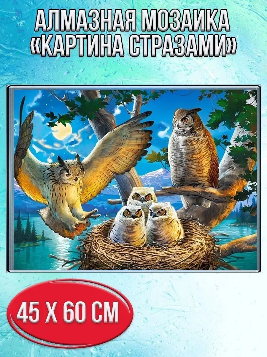 Алмазная мозаика картина стразами Совиная семья, 50х65 см