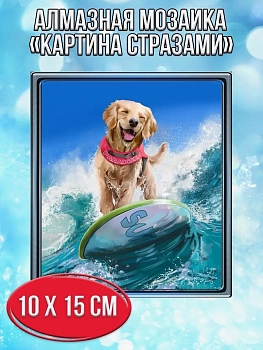 Алмазная мозаика картина стразами Собака - сёрфер, 15х20 см