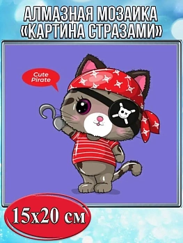 Алмазная мозаика картина стразами Кот - пират, 15х20 см