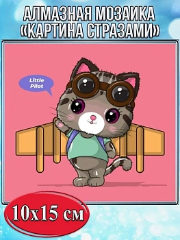 Алмазная мозаика картина стразами Котёнок - лётчик, 15х20 см