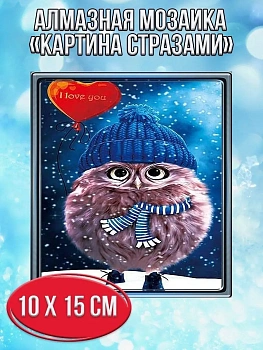 Алмазная мозаика картина стразами Совушка в шапке и шарфе, 15х20 см