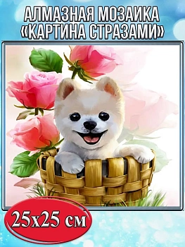 Алмазная мозаика картина стразами Щенок в корзине, 30х30 см