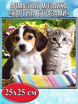 Алмазная мозаика картина стразами Щенок с котёнком, 30х30 см