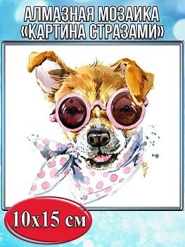 Алмазная мозаика картина стразами Собака в очках, 15х20 см