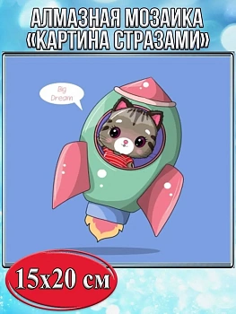 Алмазная мозаика картина стразами Кот в ракете, 15х20 см